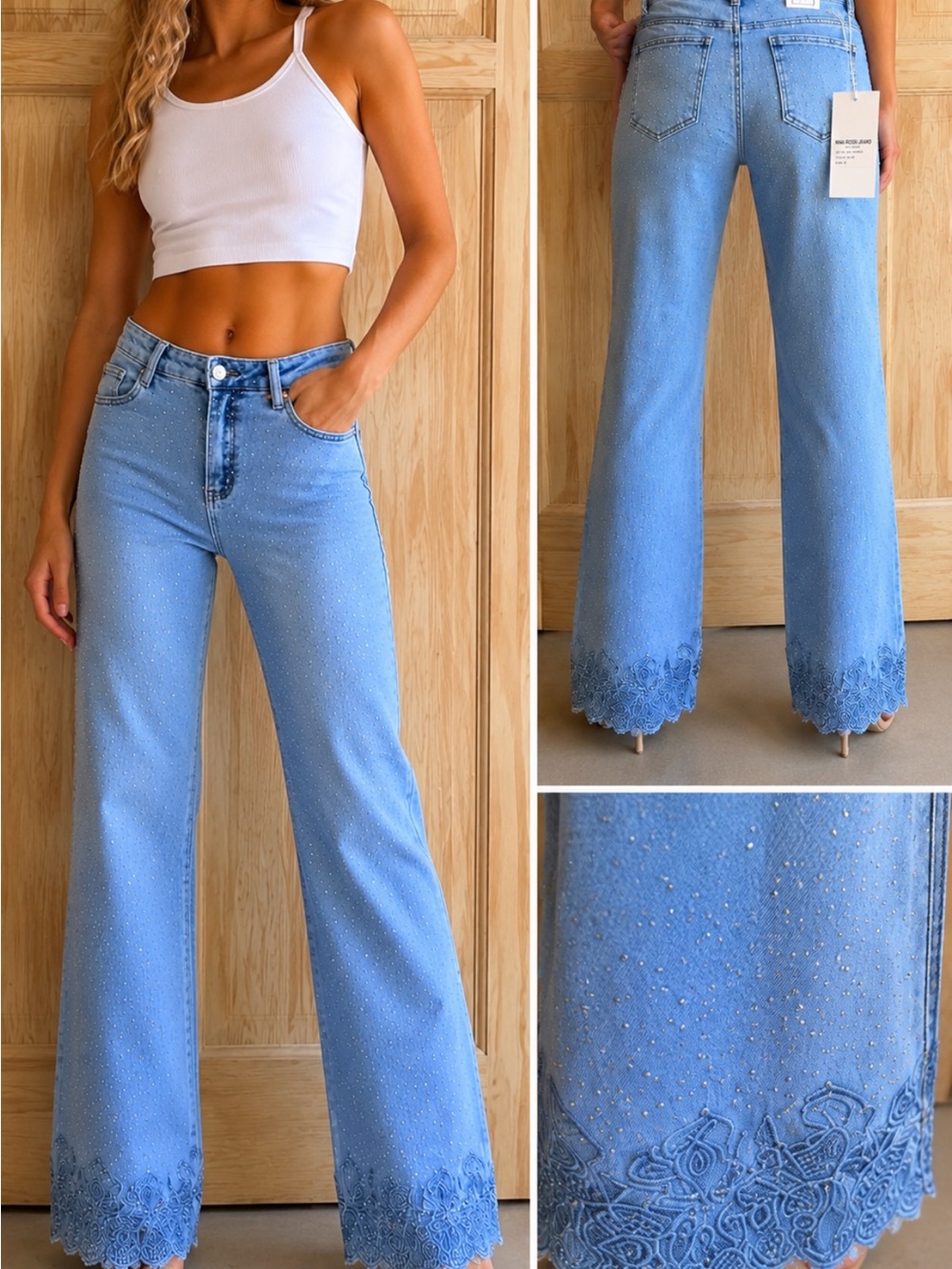 Nina Rossi Sparkle Light Blue Floral Crystal Bottom Embellished  Jeans